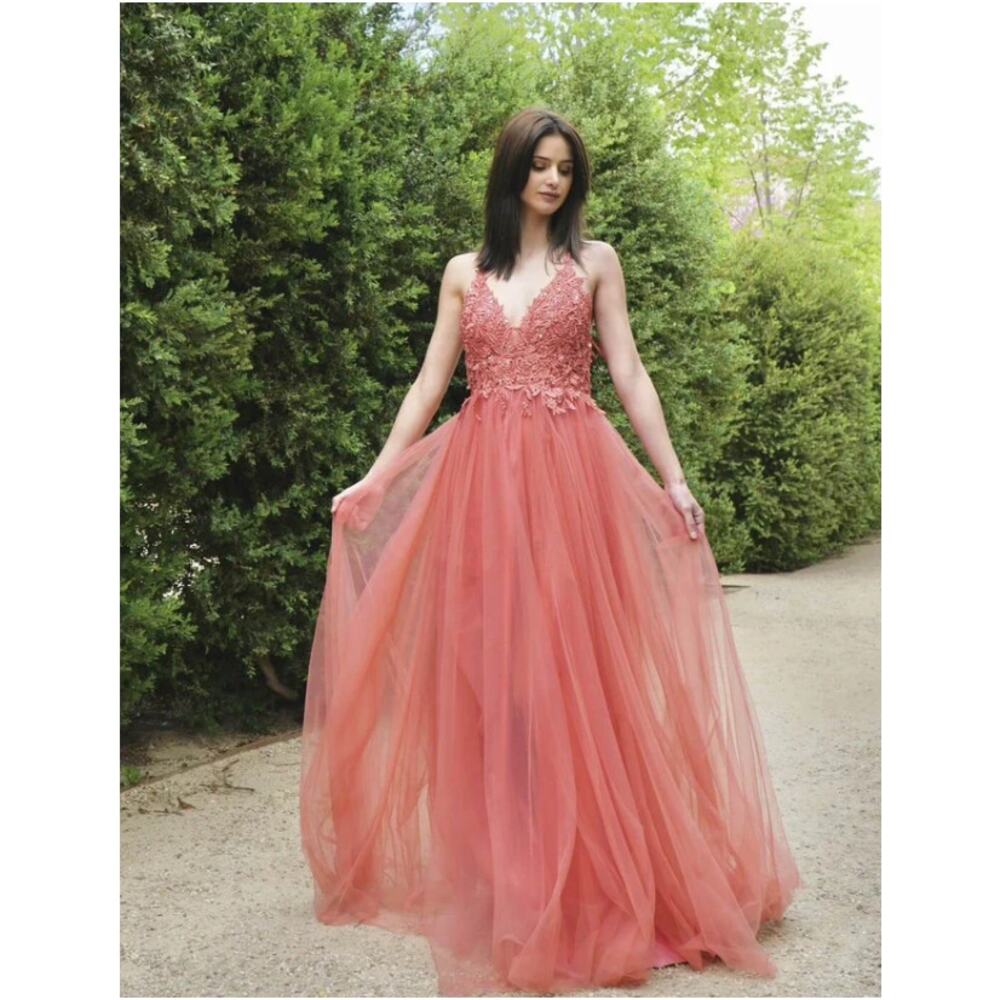 House of Jovelle Evening Gown Women Sz 2-6 Coral Tulle Lace Formal Elegant NWT